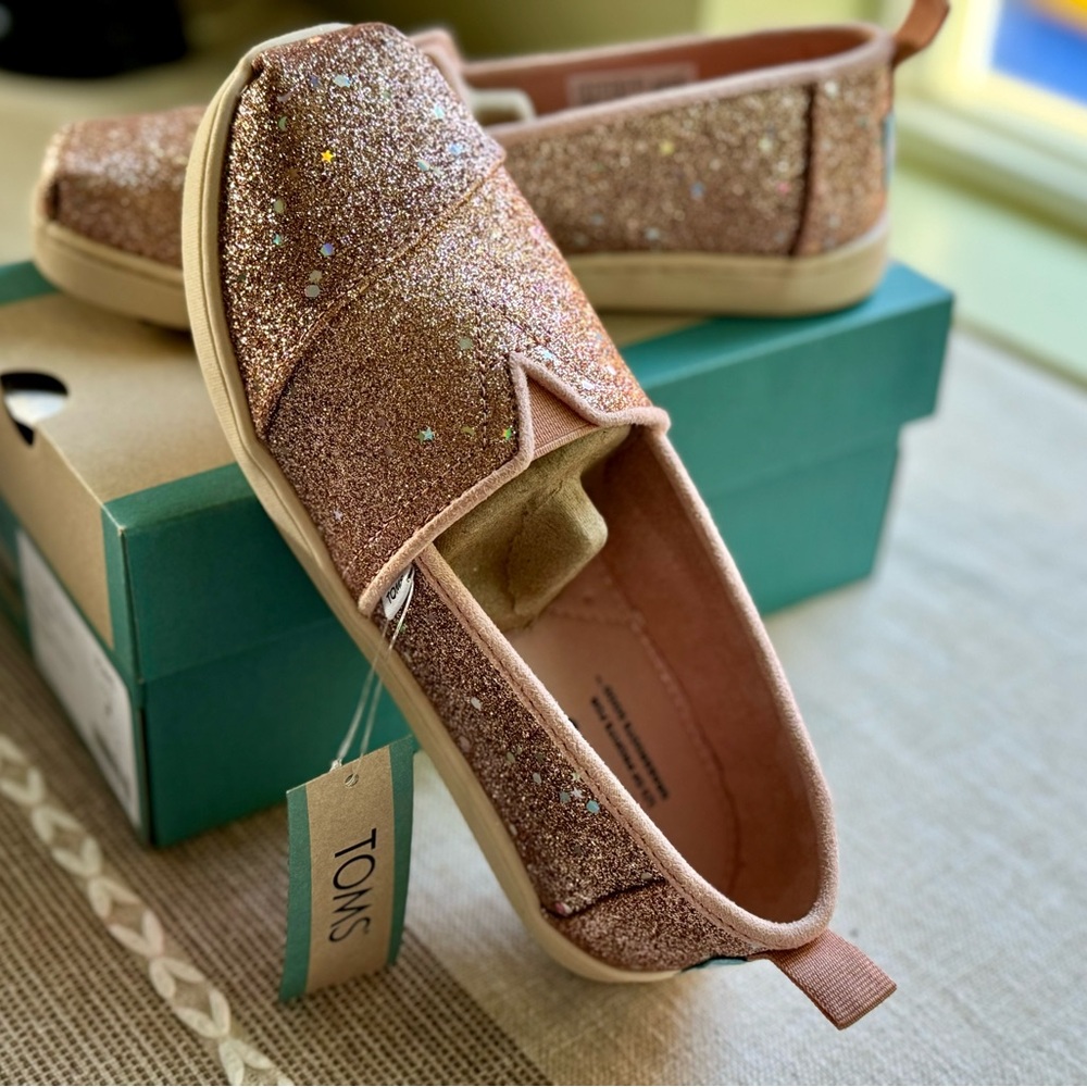 Toms Youth Alpargata in Rose Gold Cosmic Glitter NWT